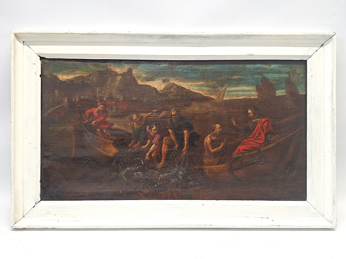 Antiek Bijbels olieverfschilderij - De wonderbaarlijke visvangst - Vlaamse of Italiaanse school (17e–18e eeuw)