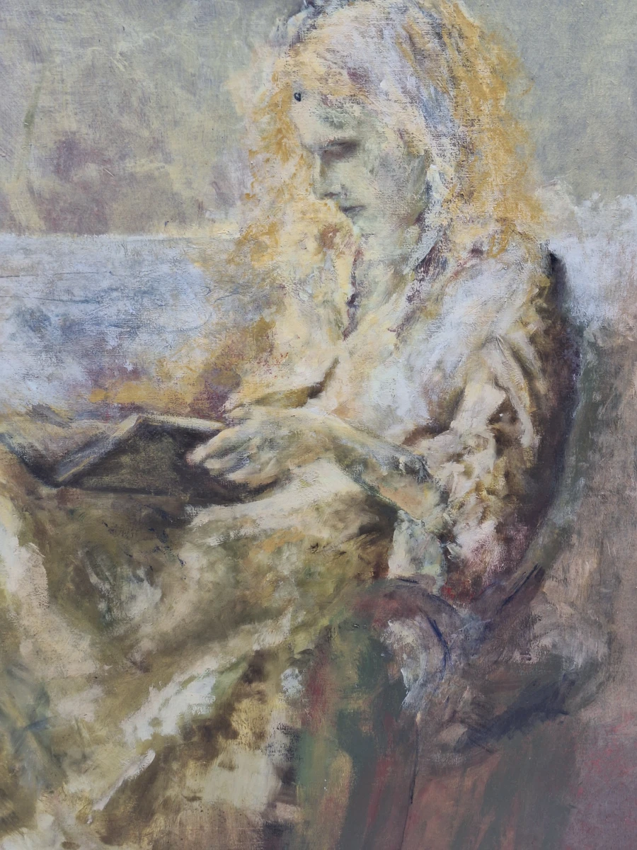 Expressief olieverfschilderij van lezend meisje - sfeervol figuratief portret op doek