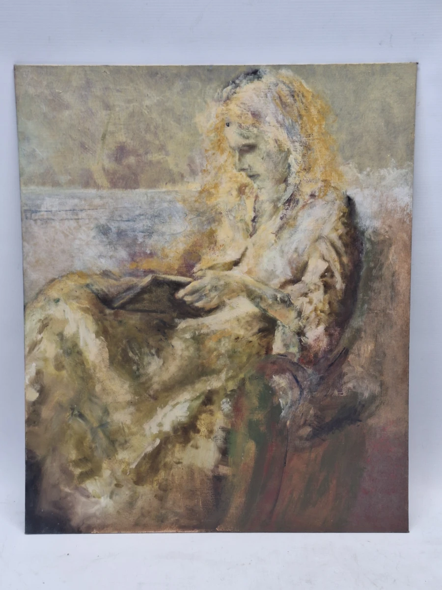 Expressief olieverfschilderij van lezend meisje - sfeervol figuratief portret op doek