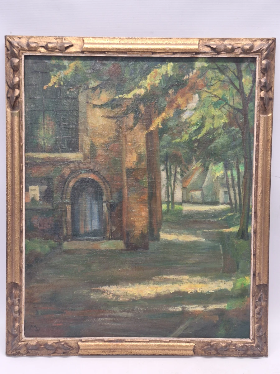 Sfeervol olieverfschilderij van een kloosterhof of begijnhof - gesigneerd met initialen "MD"