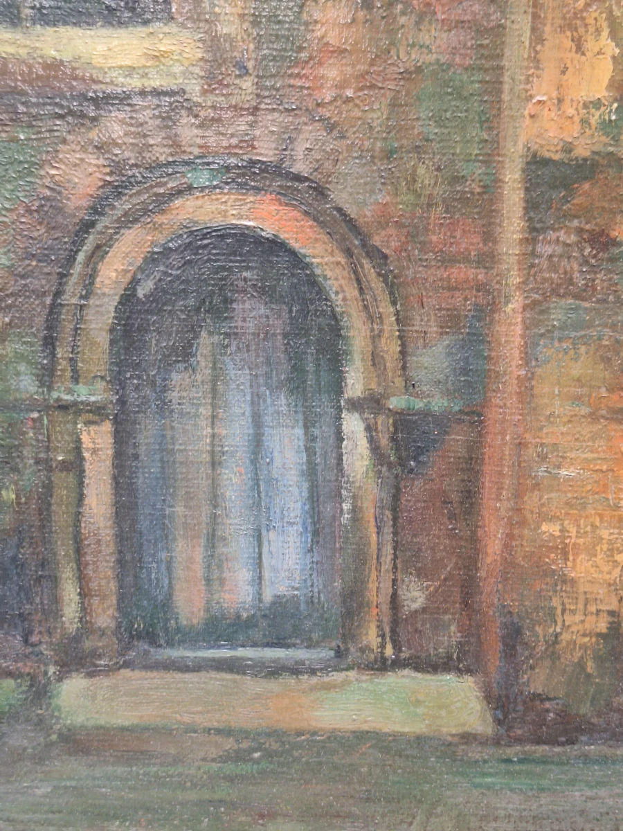 Sfeervol olieverfschilderij van een kloosterhof of begijnhof - gesigneerd met initialen "MD"