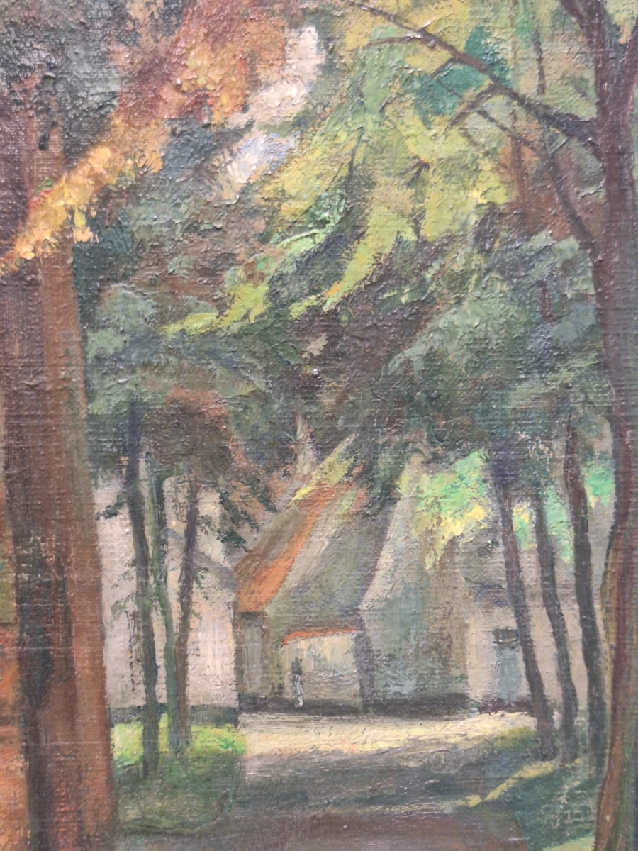 Sfeervol olieverfschilderij van een kloosterhof of begijnhof - gesigneerd met initialen "MD"