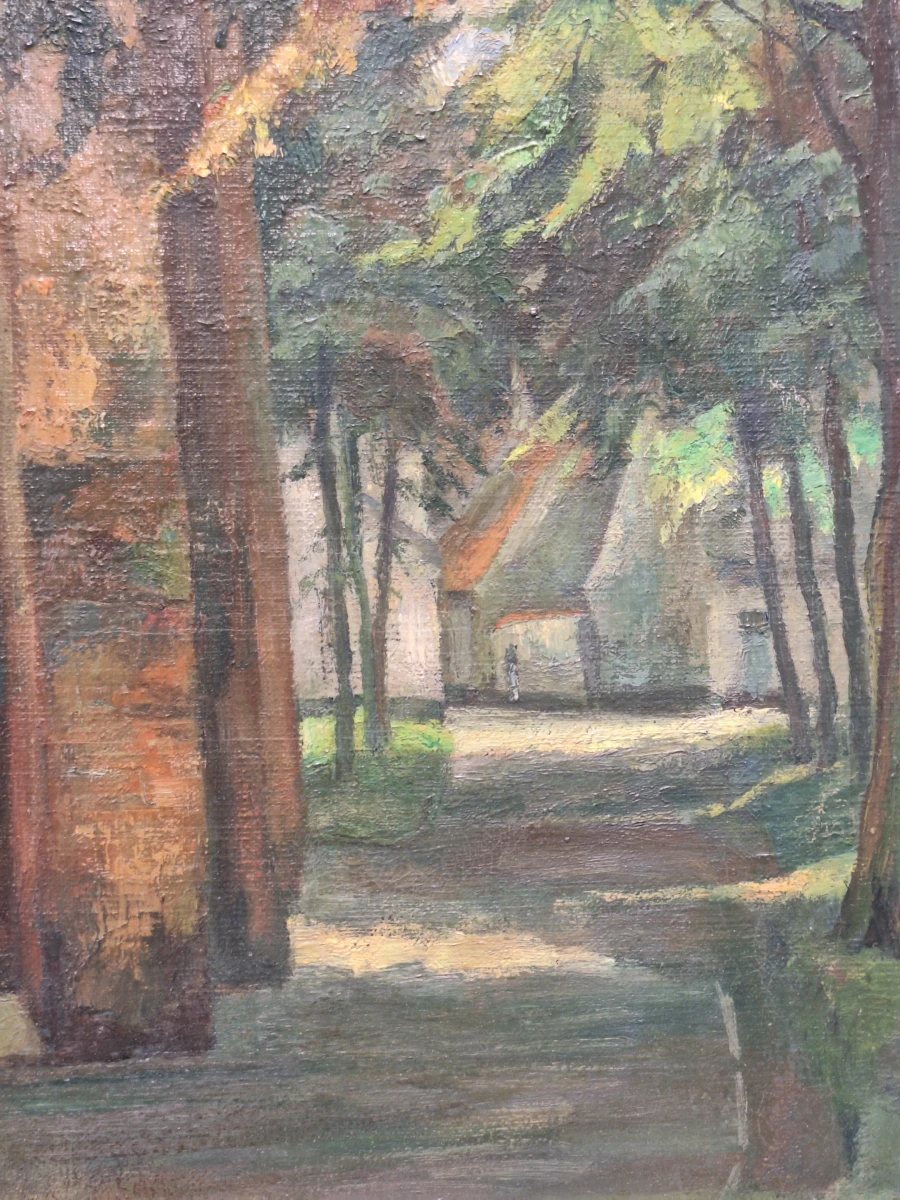 Sfeervol olieverfschilderij van een kloosterhof of begijnhof - gesigneerd met initialen "MD"