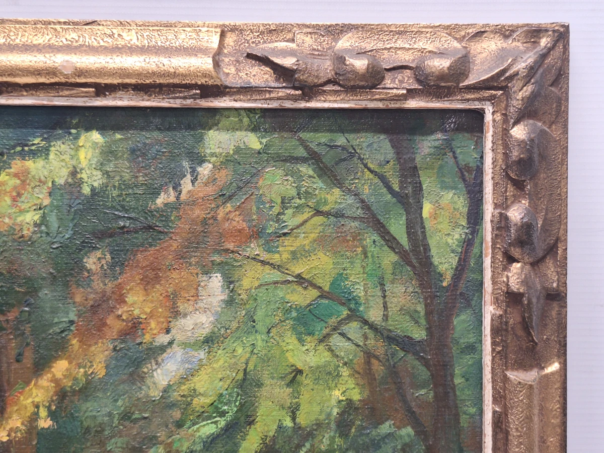Sfeervol olieverfschilderij van een kloosterhof of begijnhof - gesigneerd met initialen "MD"