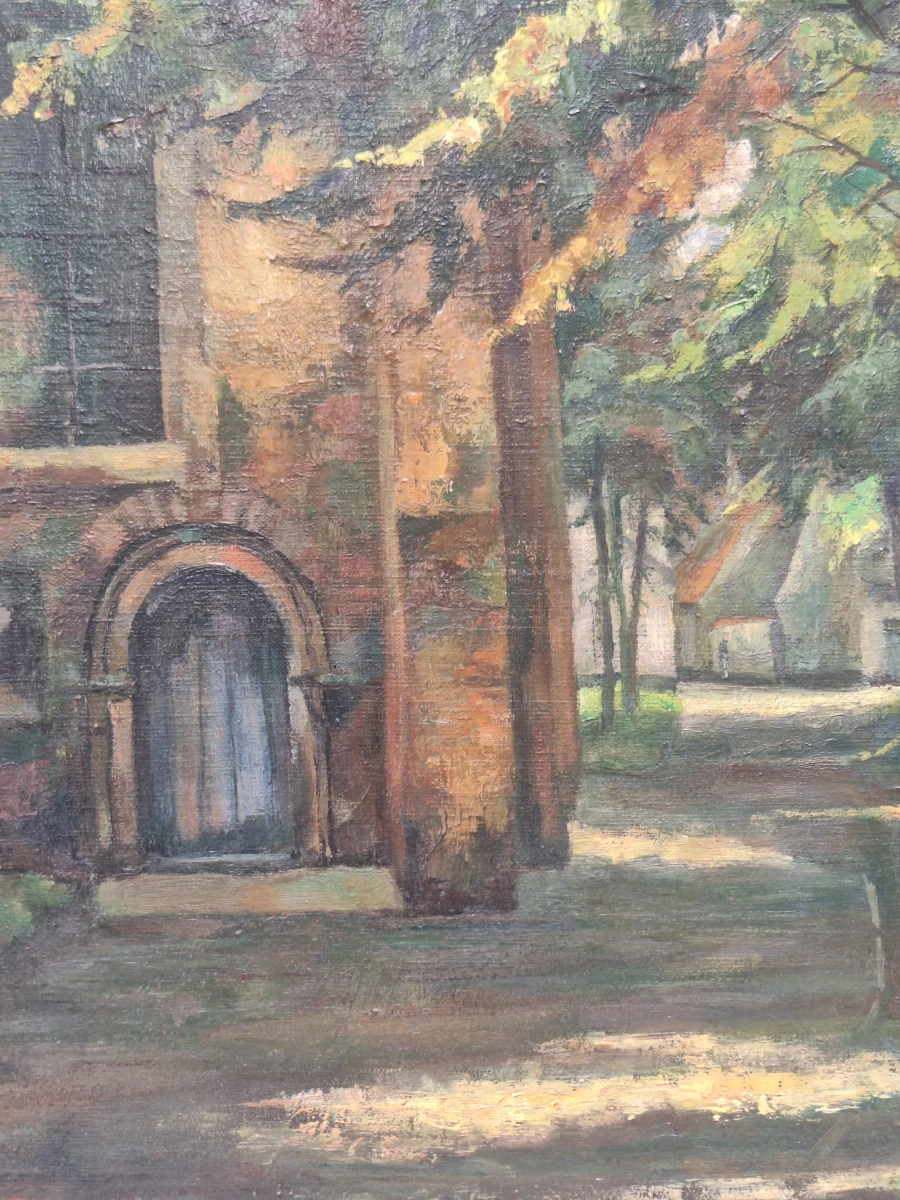 Sfeervol olieverfschilderij van een kloosterhof of begijnhof - gesigneerd met initialen "MD"