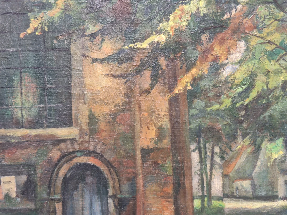 Sfeervol olieverfschilderij van een kloosterhof of begijnhof - gesigneerd met initialen "MD"