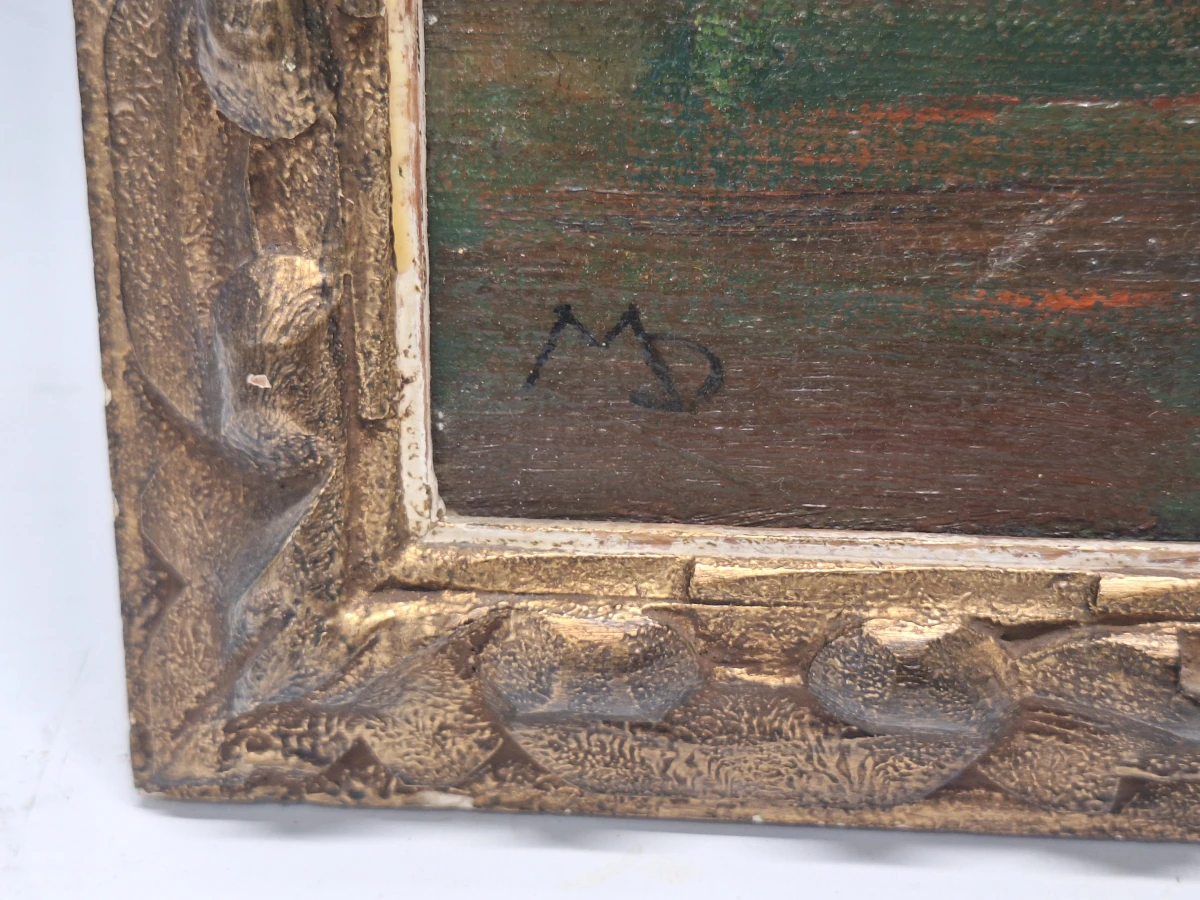Sfeervol olieverfschilderij van een kloosterhof of begijnhof - gesigneerd met initialen "MD"