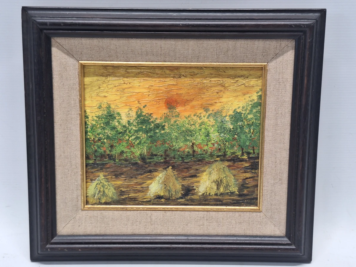 Impressionistisch olieverfschilderij "Hooibergen bij zonsondergang" - impasto op doek