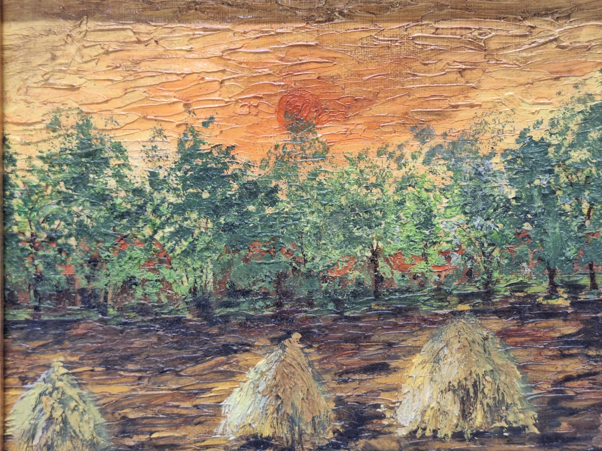 Impressionistisch olieverfschilderij "Hooibergen bij zonsondergang" - impasto op doek
