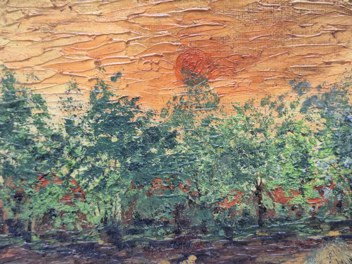 Impressionistisch olieverfschilderij "Hooibergen bij zonsondergang" - impasto op doek