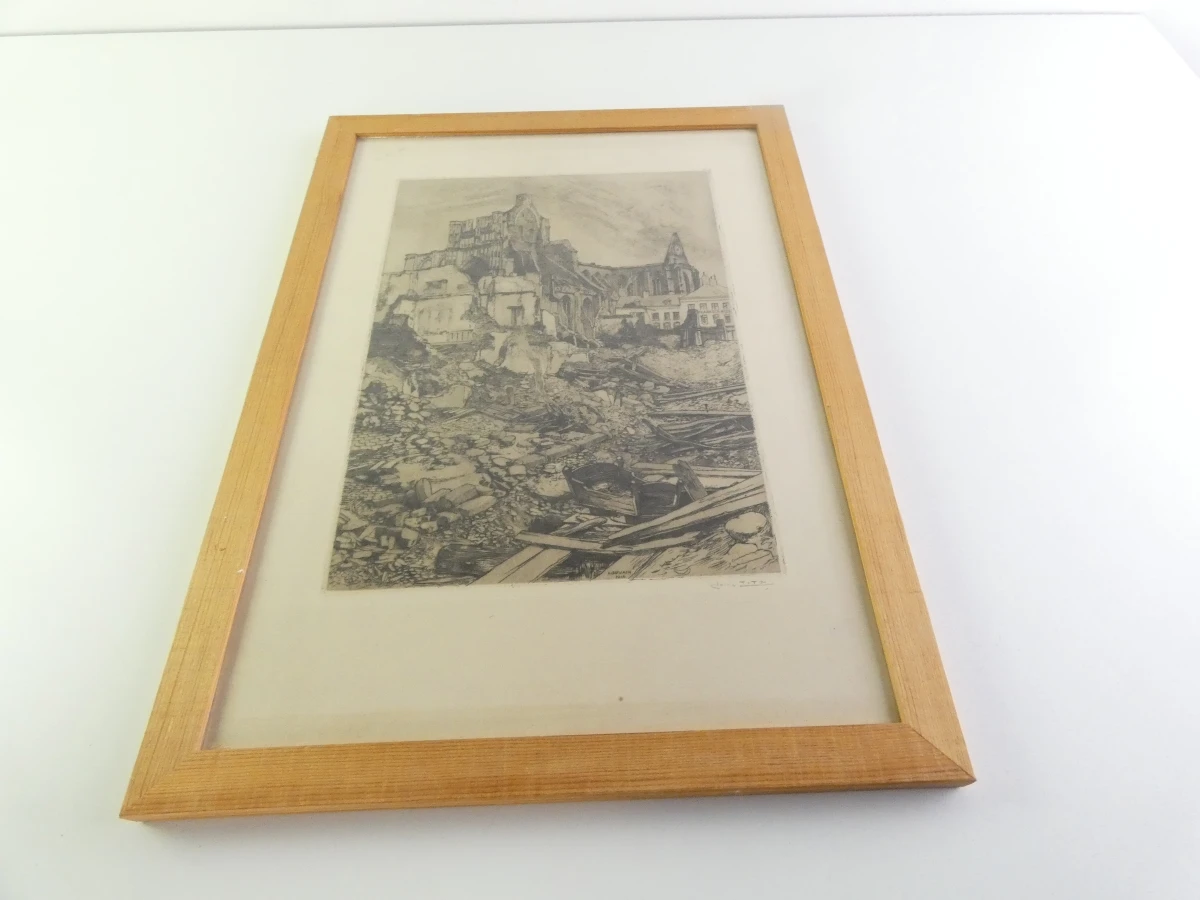 Ingelijste ets Louvain 1916