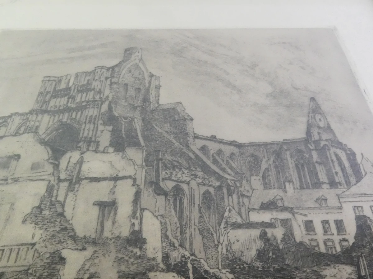 Ingelijste ets Louvain 1916