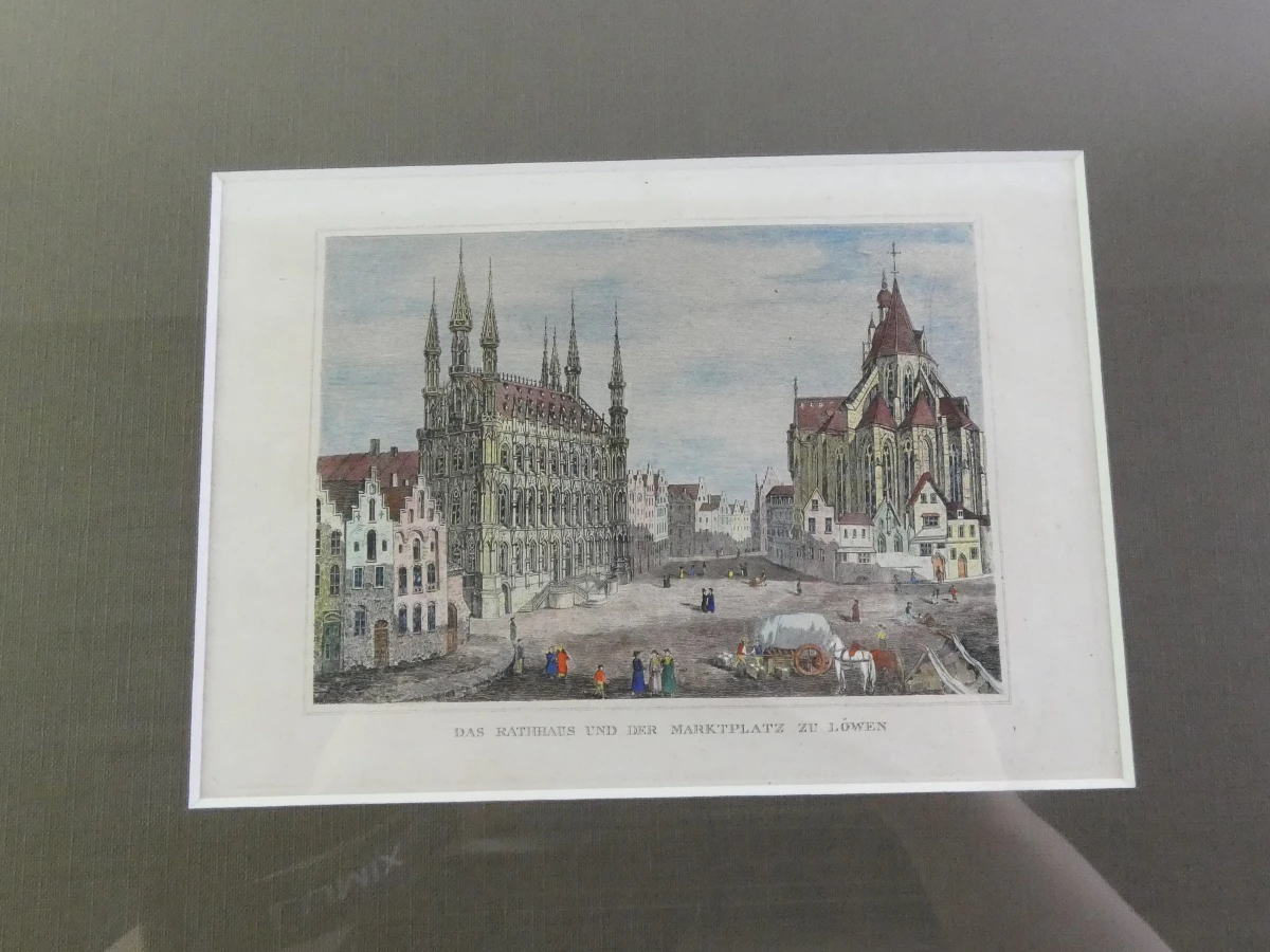Handgekleurde architectonische gravure - Grote Markt, Leuven