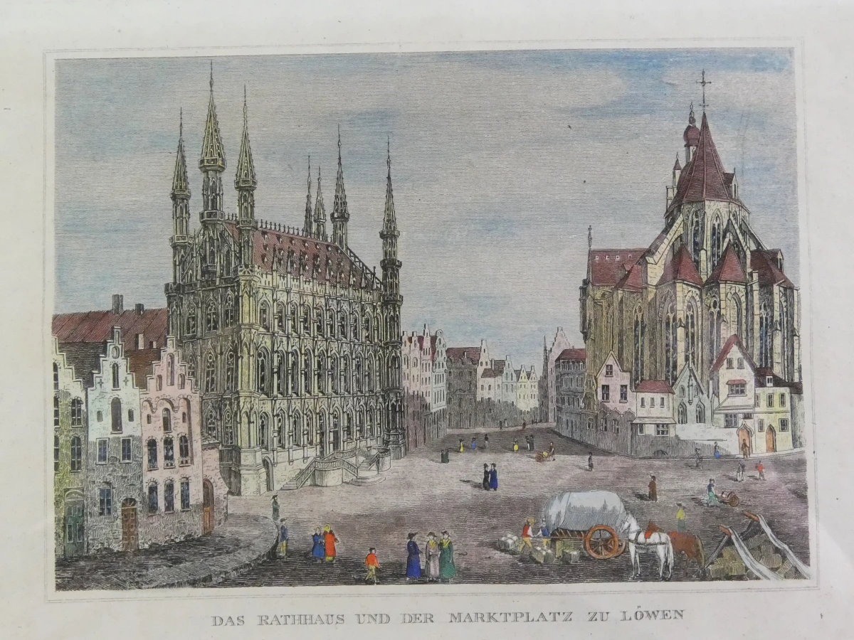Handgekleurde architectonische gravure - Grote Markt, Leuven