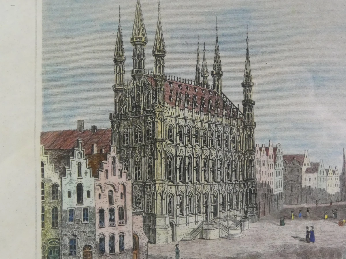 Handgekleurde architectonische gravure - Grote Markt, Leuven