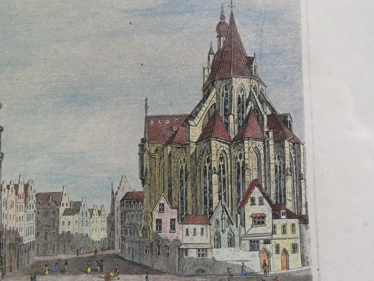 Handgekleurde architectonische gravure - Grote Markt, Leuven