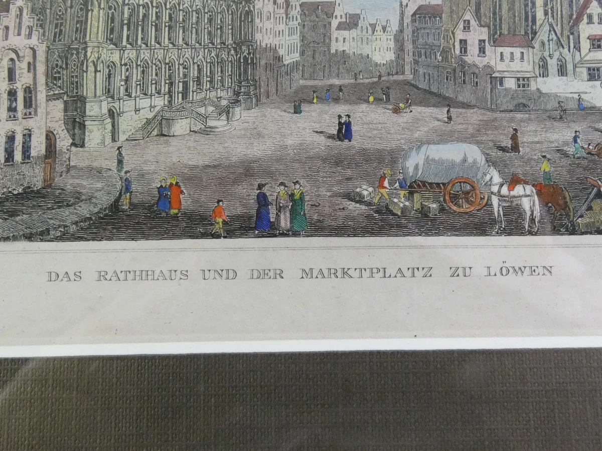 Handgekleurde architectonische gravure - Grote Markt, Leuven