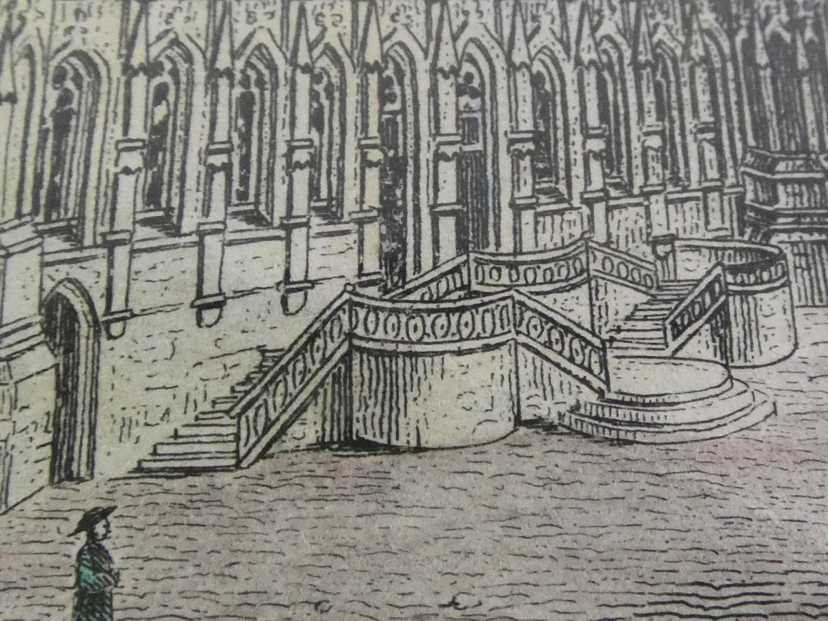 Handgekleurde architectonische gravure - Grote Markt, Leuven
