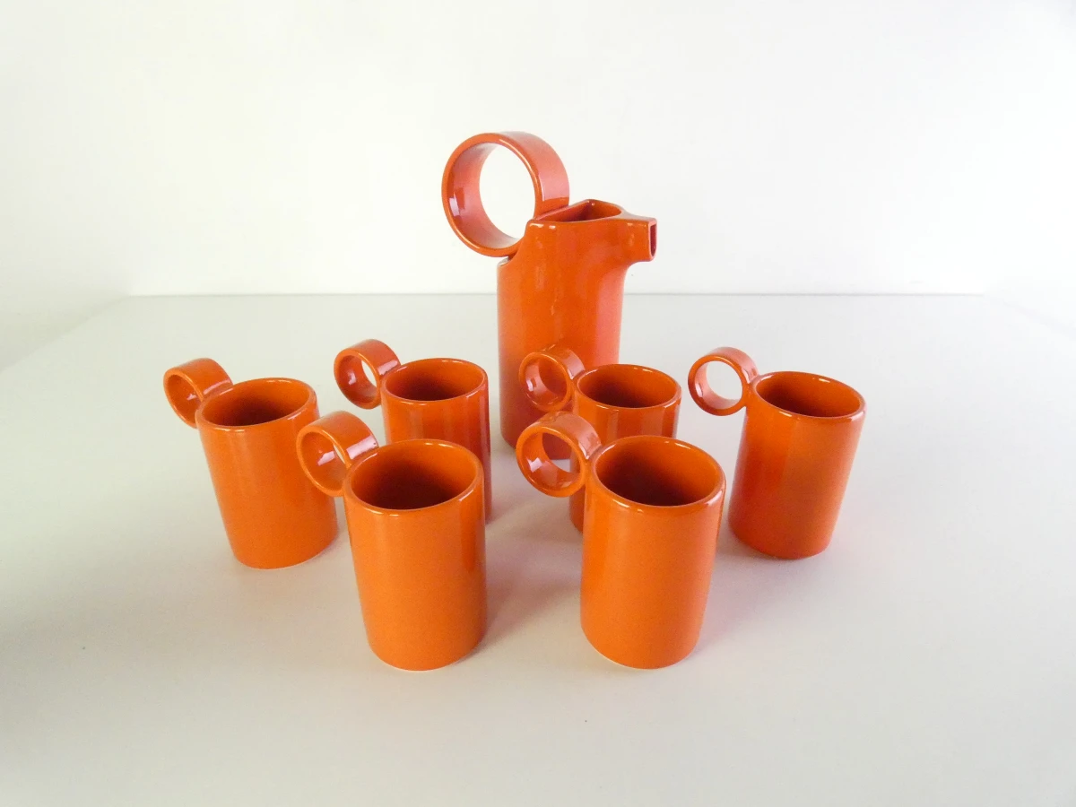 Oranje keramische koffiekan met 6 kopjes - Italië