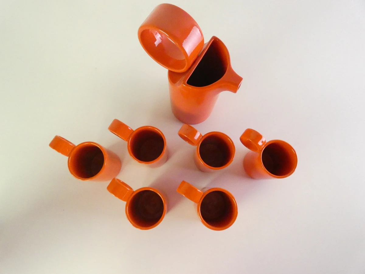 Oranje keramische koffiekan met 6 kopjes - Italië