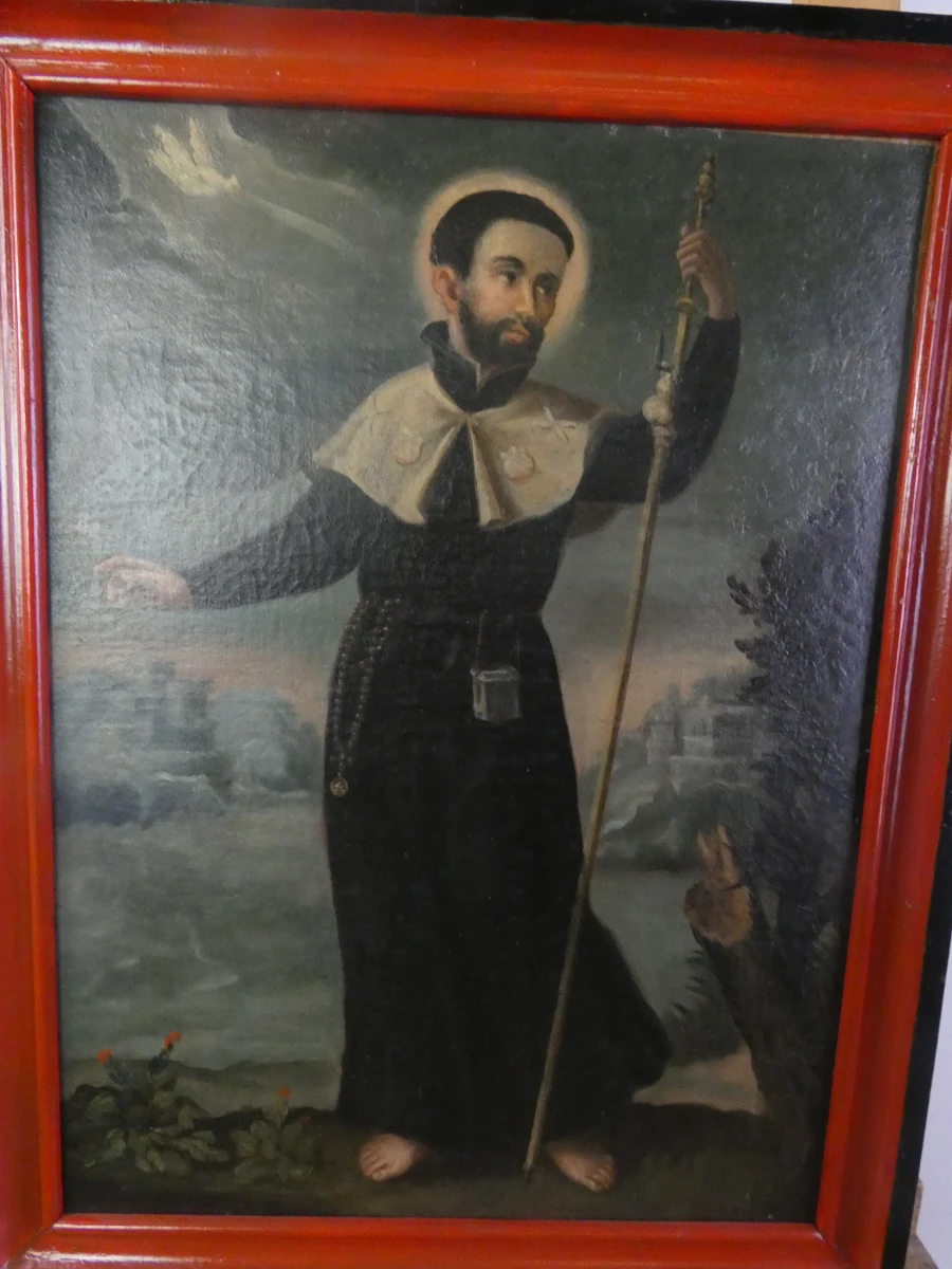 Oude religieuze schilderij met houten lijst