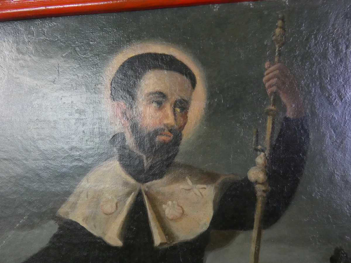 Oude religieuze schilderij met houten lijst