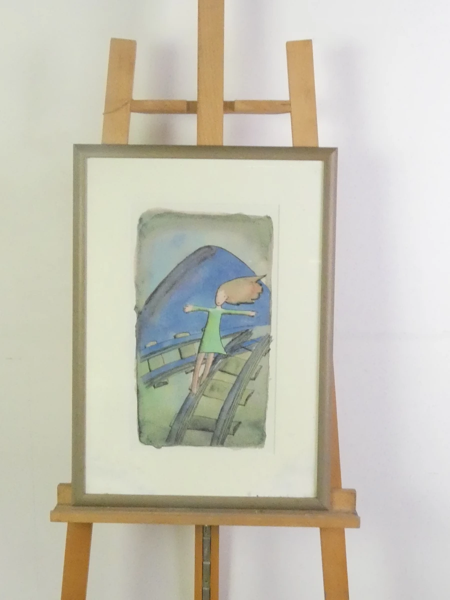 Ingelijste aquarel met meisje op spoor