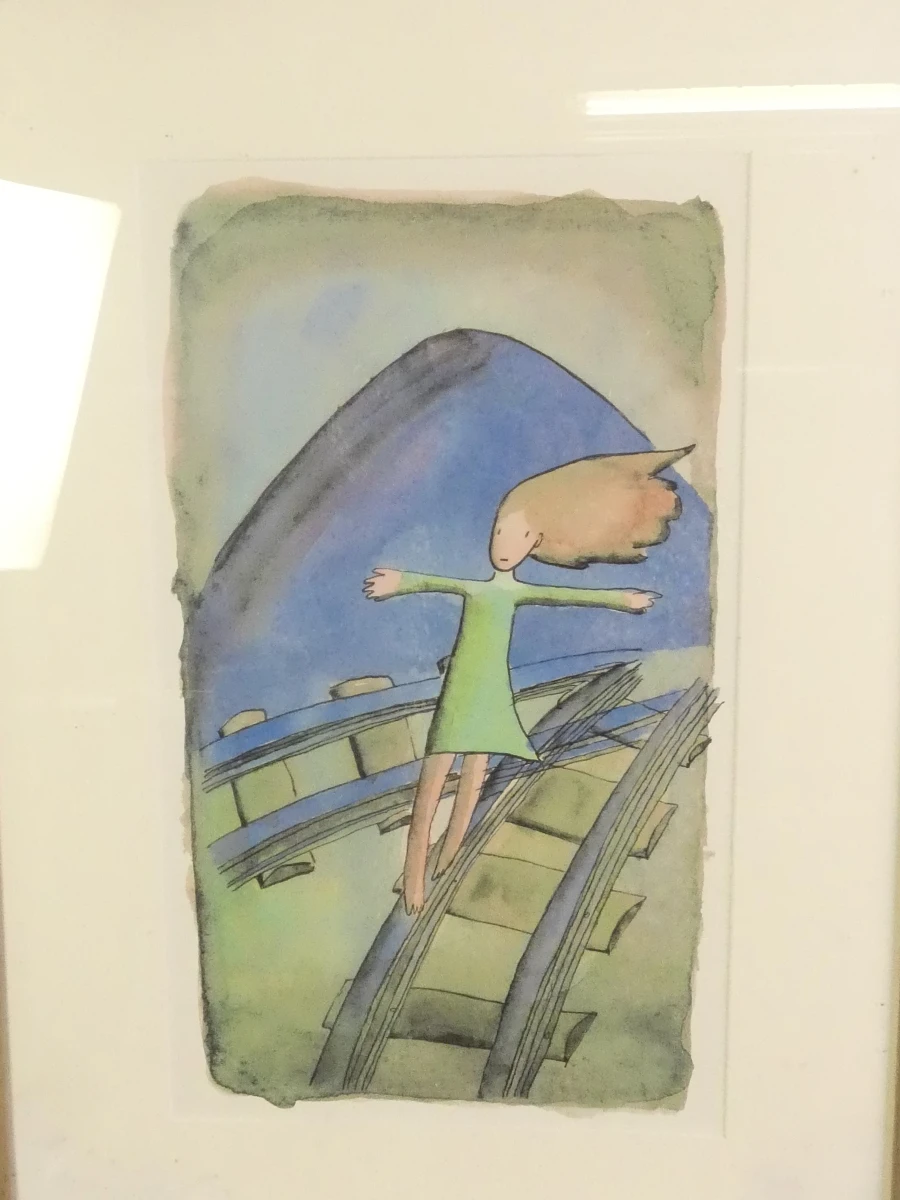Ingelijste aquarel met meisje op spoor