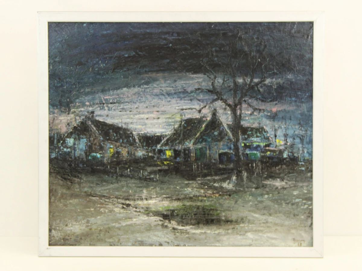 Nachtelijk straatbeeld van boerderij met licht olieverf op canvas  in impressionistische stijl gesigneerd F. Janssens '68