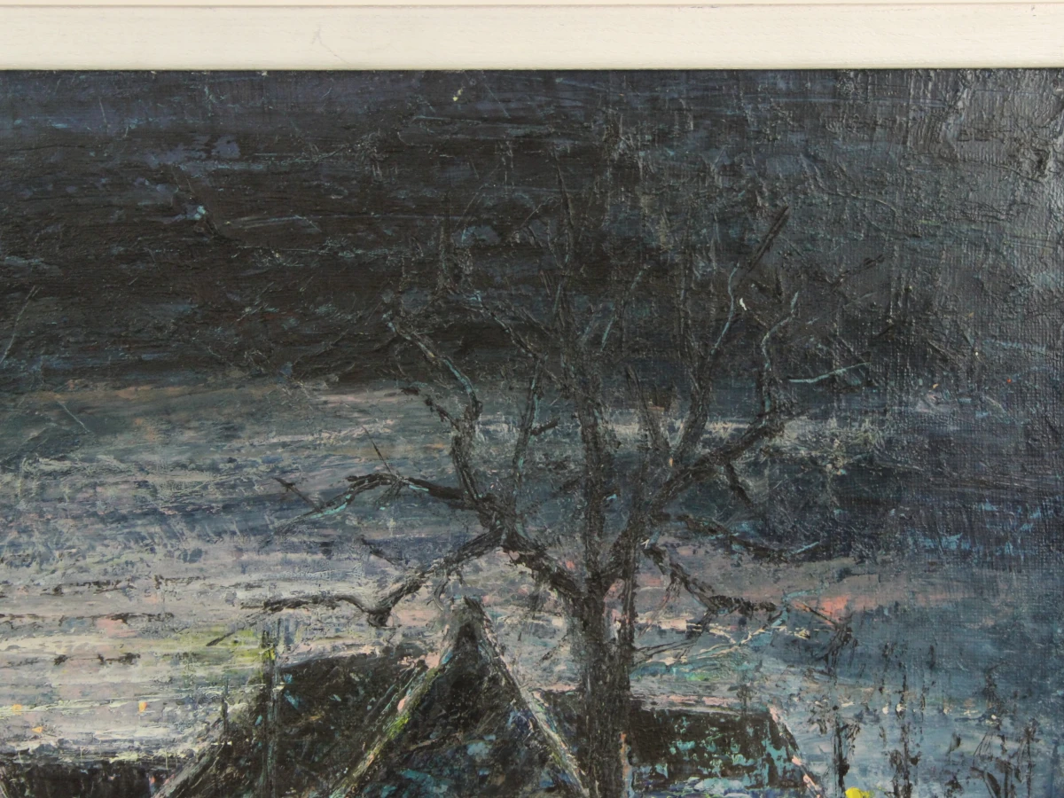 Nachtelijk straatbeeld van boerderij met licht olieverf op canvas  in impressionistische stijl gesigneerd F. Janssens '68