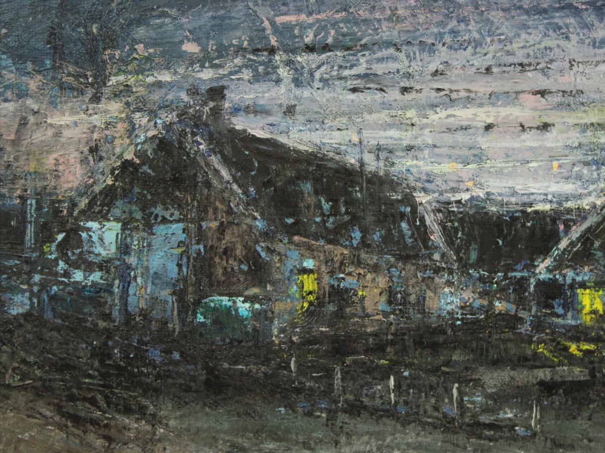 Nachtelijk straatbeeld van boerderij met licht olieverf op canvas  in impressionistische stijl gesigneerd F. Janssens '68