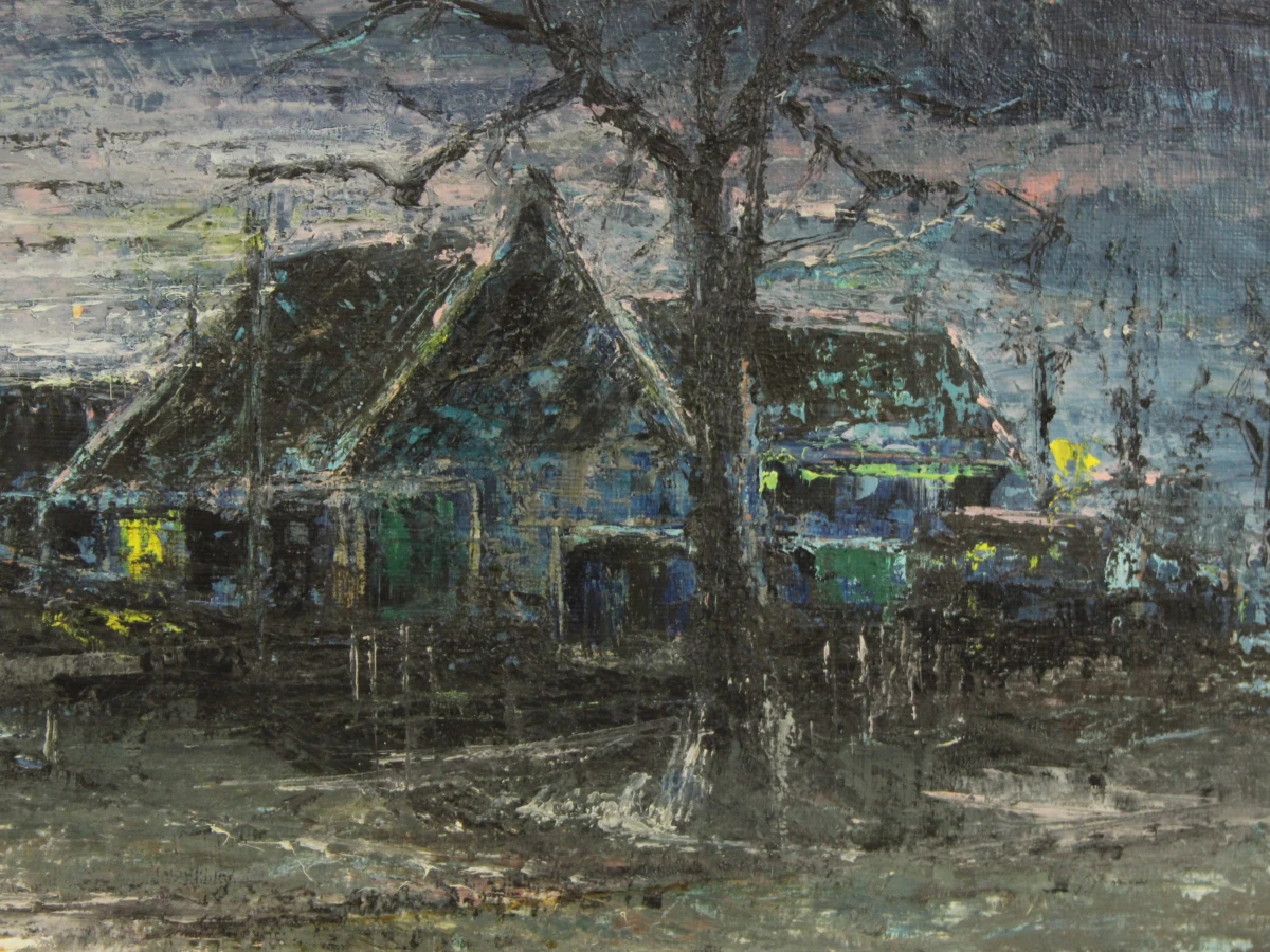 Nachtelijk straatbeeld van boerderij met licht olieverf op canvas  in impressionistische stijl gesigneerd F. Janssens '68