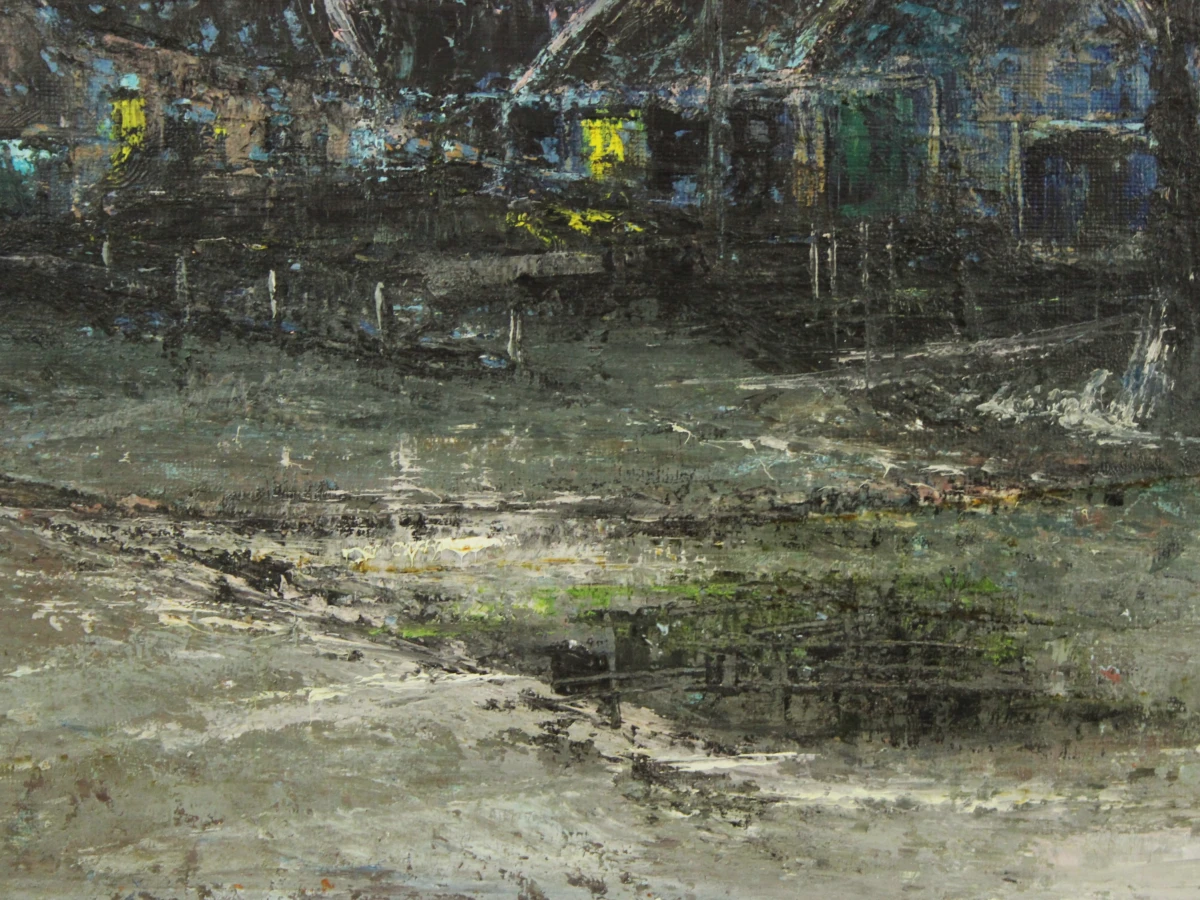 Nachtelijk straatbeeld van boerderij met licht olieverf op canvas  in impressionistische stijl gesigneerd F. Janssens '68