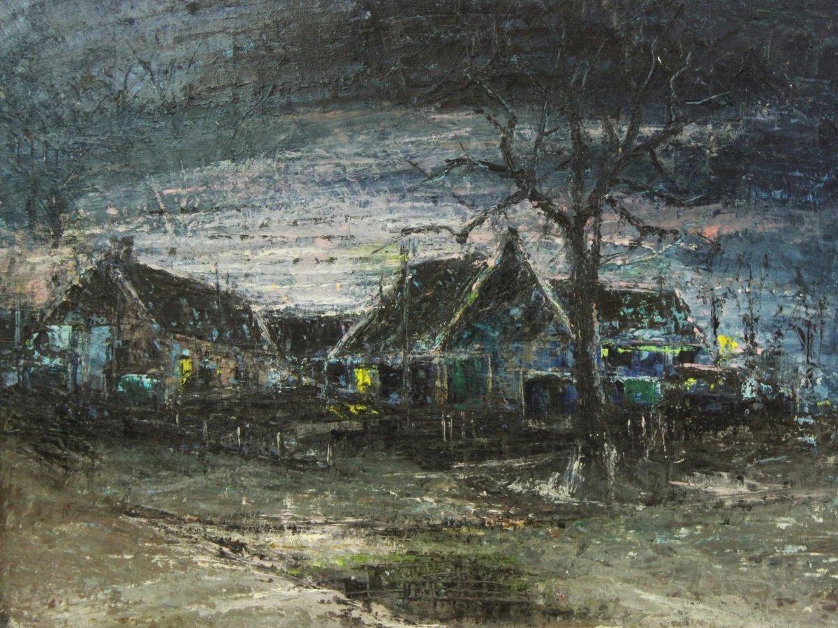 Nachtelijk straatbeeld van boerderij met licht olieverf op canvas  in impressionistische stijl gesigneerd F. Janssens '68