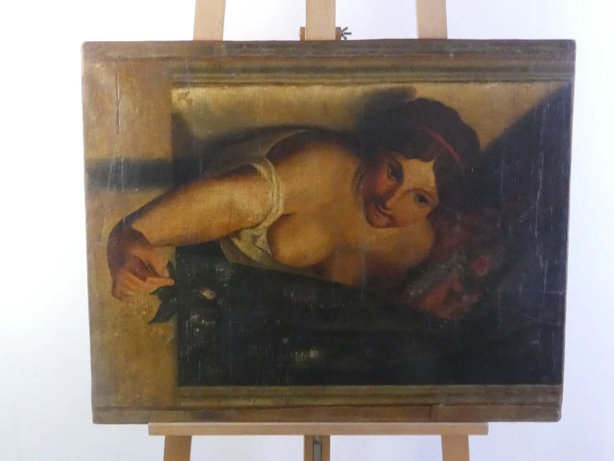Oude decoupage vrouwelijk naakt op doek