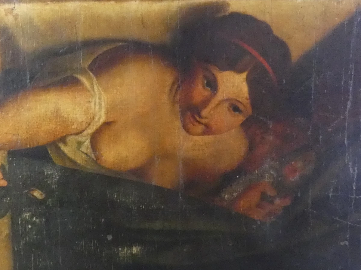 Oude decoupage vrouwelijk naakt op doek