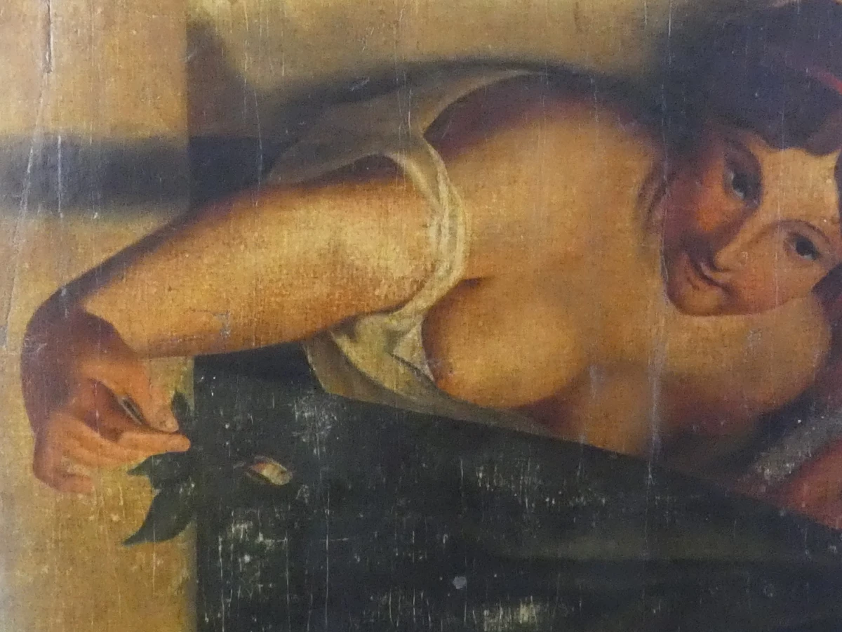 Oude decoupage vrouwelijk naakt op doek