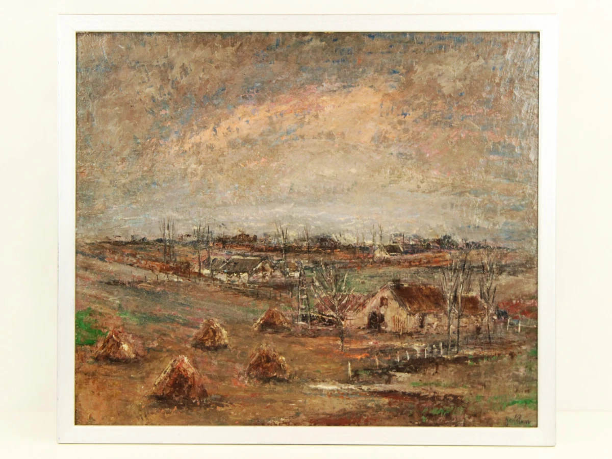 Pasteus olieverf schilderij van boerendorp met hooibalen in roze en bruine tinten gesigneerd F. Janssens 67