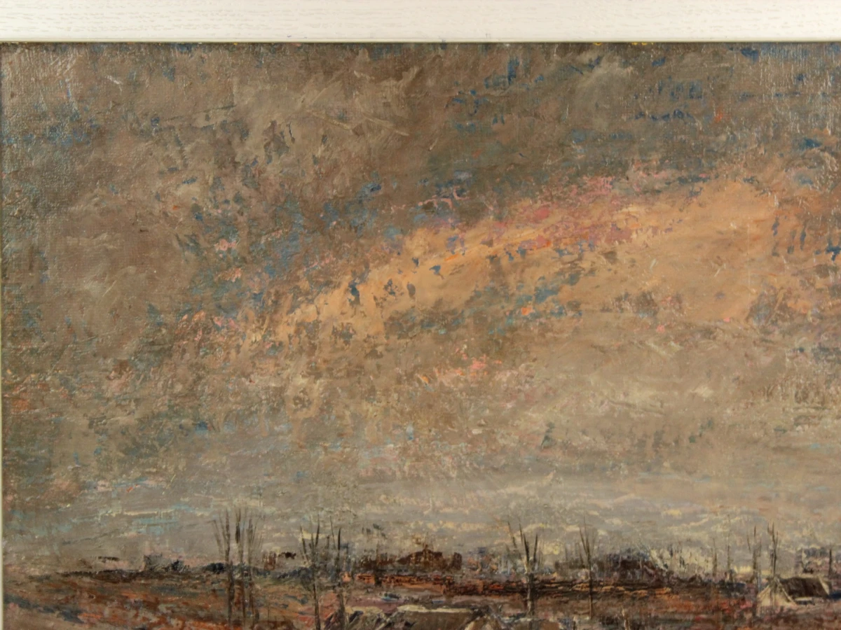 Pasteus olieverf schilderij van boerendorp met hooibalen in roze en bruine tinten gesigneerd F. Janssens 67