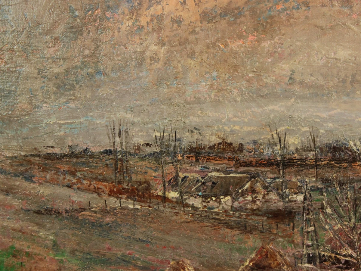 Pasteus olieverf schilderij van boerendorp met hooibalen in roze en bruine tinten gesigneerd F. Janssens 67