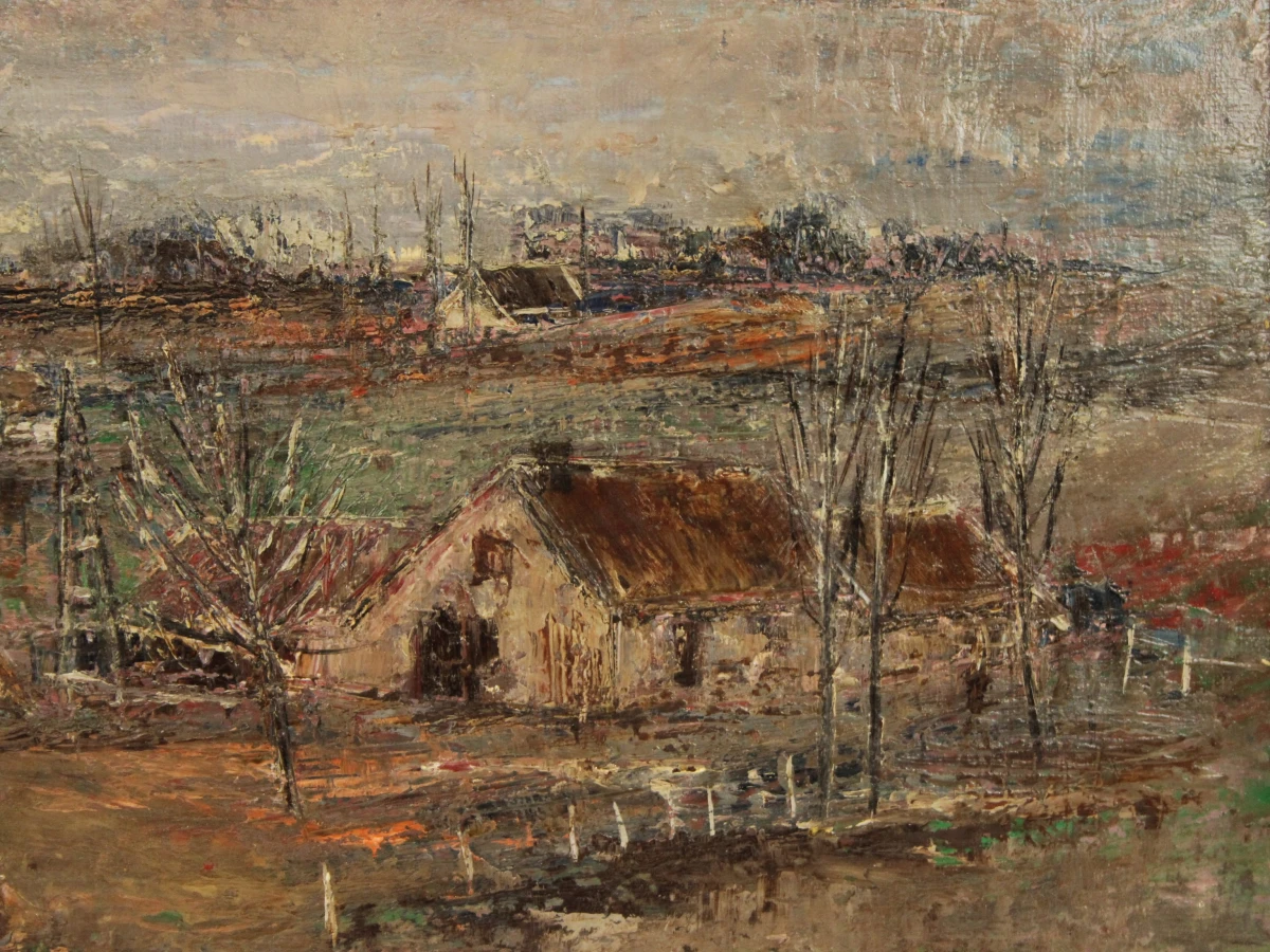 Pasteus olieverf schilderij van boerendorp met hooibalen in roze en bruine tinten gesigneerd F. Janssens 67