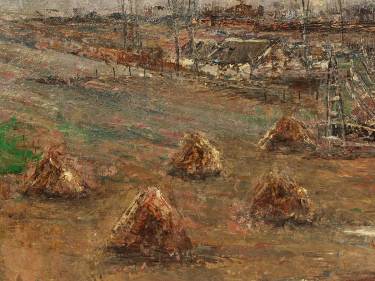 Pasteus olieverf schilderij van boerendorp met hooibalen in roze en bruine tinten gesigneerd F. Janssens 67