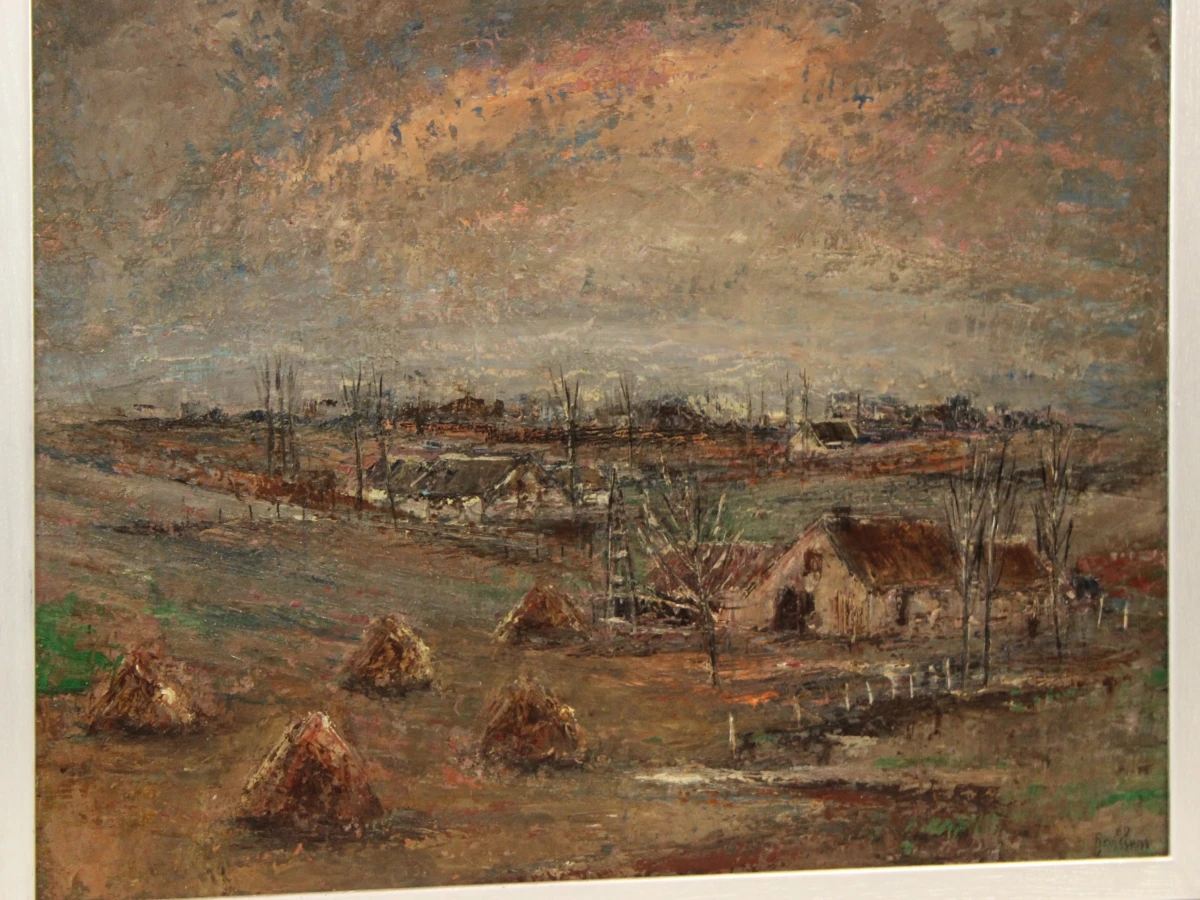 Pasteus olieverf schilderij van boerendorp met hooibalen in roze en bruine tinten gesigneerd F. Janssens 67