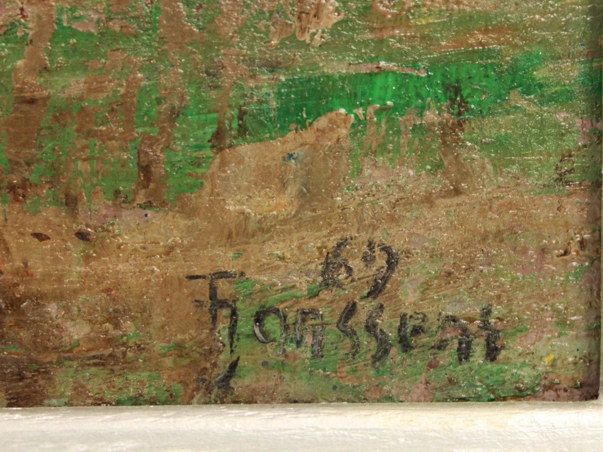 Pasteus olieverf schilderij van boerendorp met hooibalen in roze en bruine tinten gesigneerd F. Janssens 67
