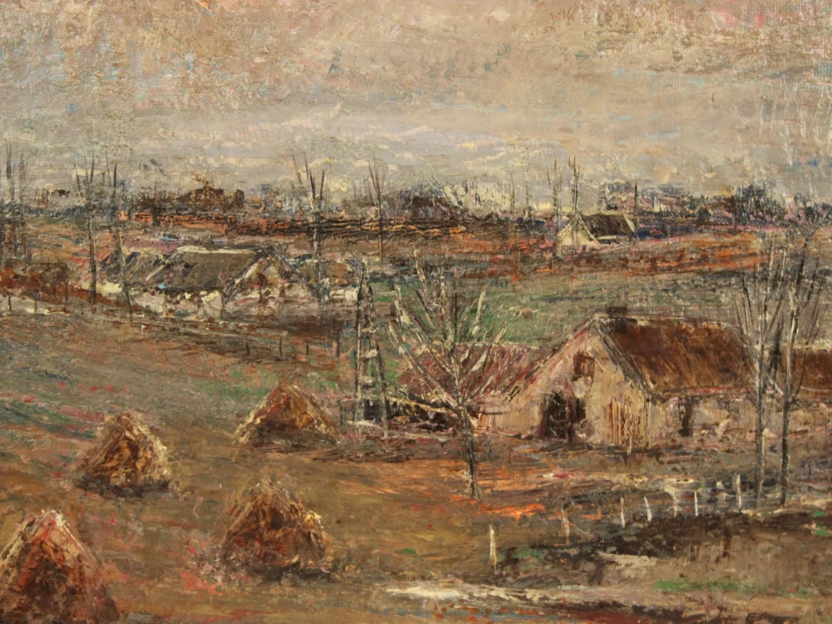 Pasteus olieverf schilderij van boerendorp met hooibalen in roze en bruine tinten gesigneerd F. Janssens 67